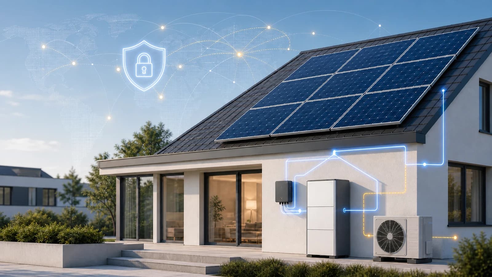 A building with rooftop solar panels and a home battery set against a stylized map of global energy chokepoints, illustrating energy security through electrification
