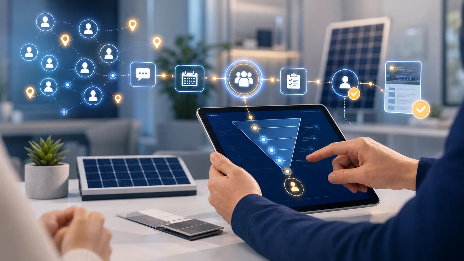 Un comercial del sector solar revisa en una tableta el embudo de captación, rodeado de una red de posibles clientes y de un pipeline que va del primer contacto hasta la propuesta terminada