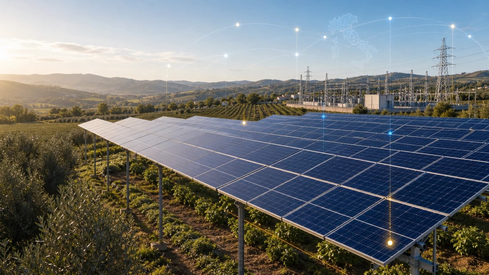 An agrivoltaic solar PV installation above cultivated land in the Italian countryside, with nearby grid infrastructure and subtle energy data overlays