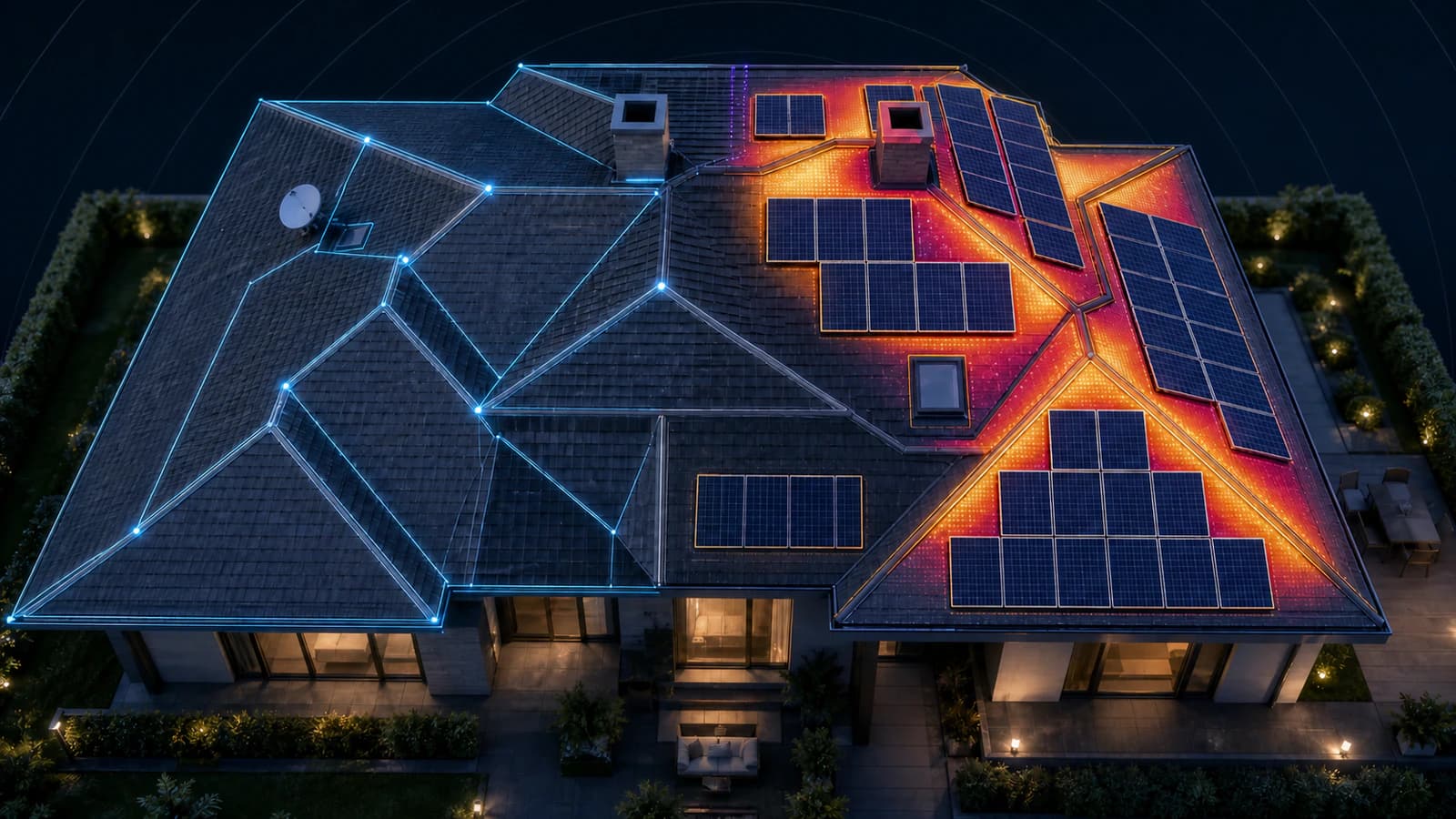 Solar panel layout software showing a 2D AI-detected roof wireframe next to a completed panel layout with a color-coded solar access heatmap