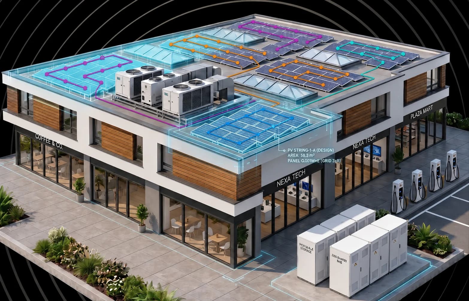 Commercial rooftop with solar panels, colored string wiring overlays, inverters, EV chargers, and battery storage, illustrating string design in solar PV projects
