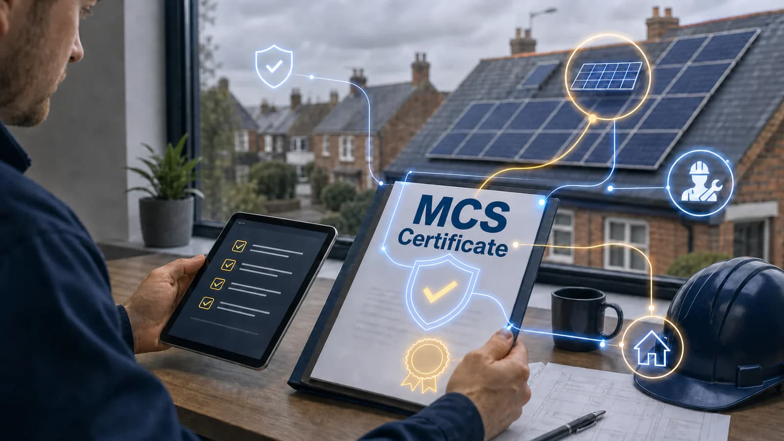 A UK solar installer reviewing MCS certification paperwork and an umbrella scheme membership form beside a rooftop solar installation