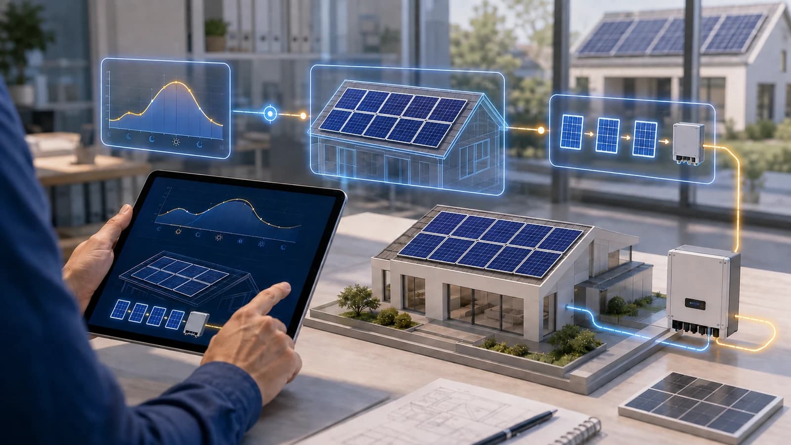A solar designer comparing an annual consumption profile with a roof layout and inverter string diagram on screen