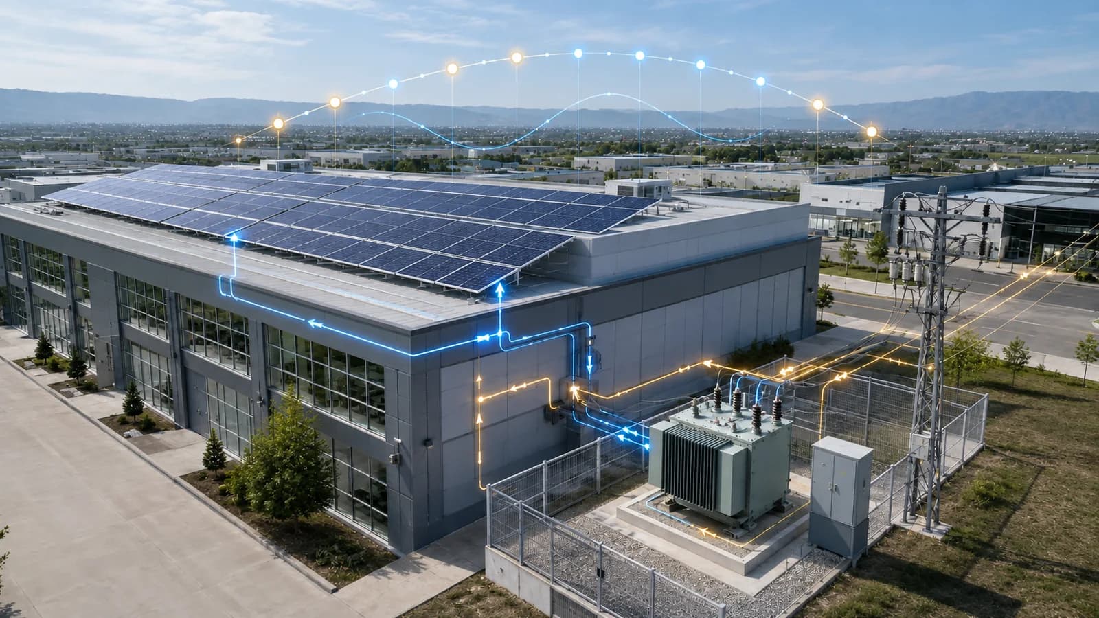 Türkiye'de bir çatı GES kurulumunun yanındaki dağıtım trafosu, Lisanssız Elektrik Üretim Yönetmeliği ve saatlik mahsuplaşma kuralının uygulandığı bağlantı noktasını temsil ediyor