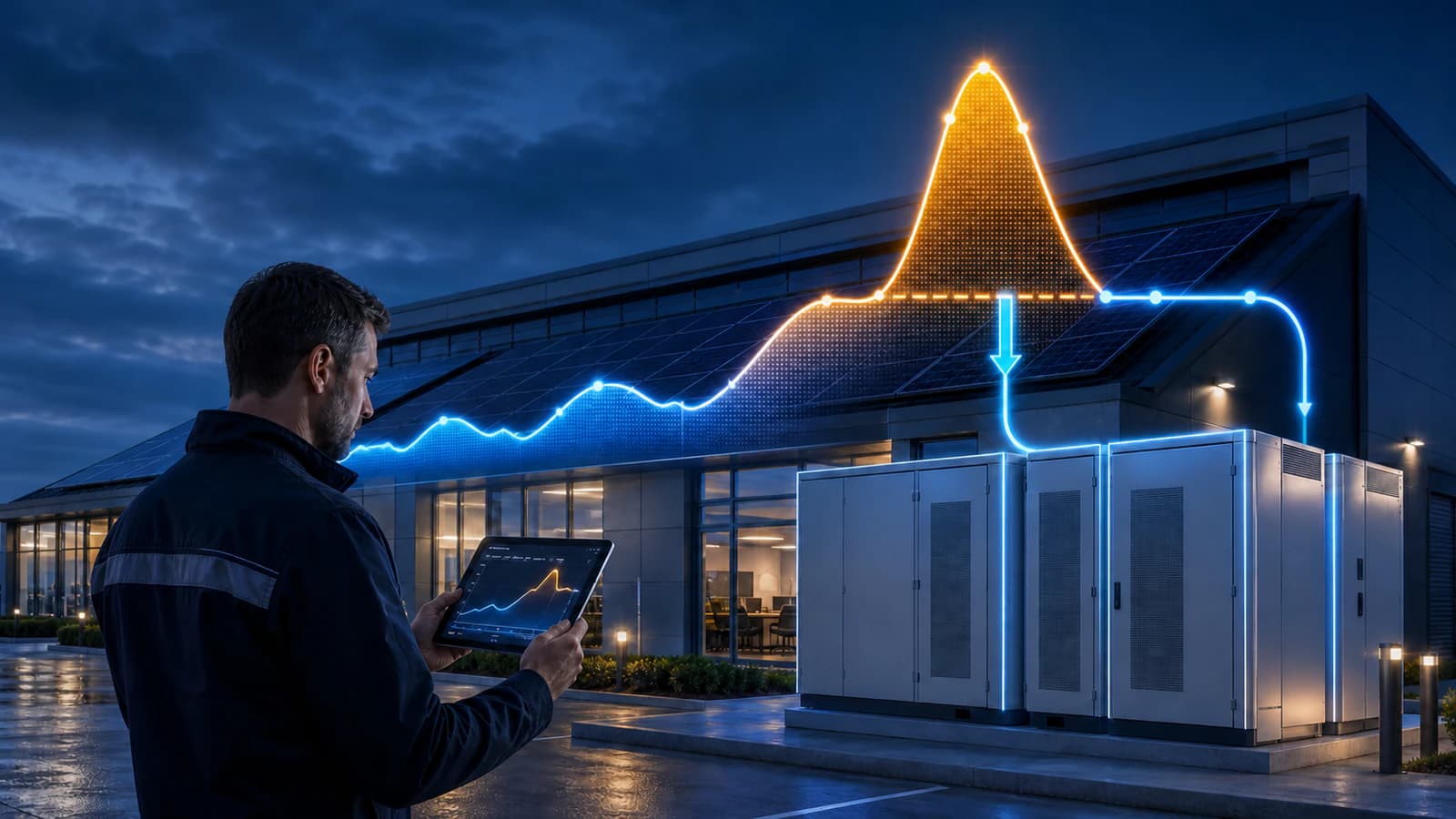 An engineer reviewing an interval electricity demand profile with peak periods highlighted beside a commercial battery storage unit