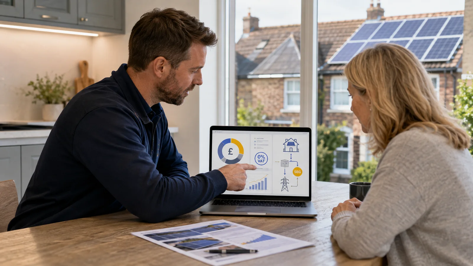 A UK installer reviewing a solar quote with a customer at a kitchen table, with a laptop showing a tariff and VAT breakdown
