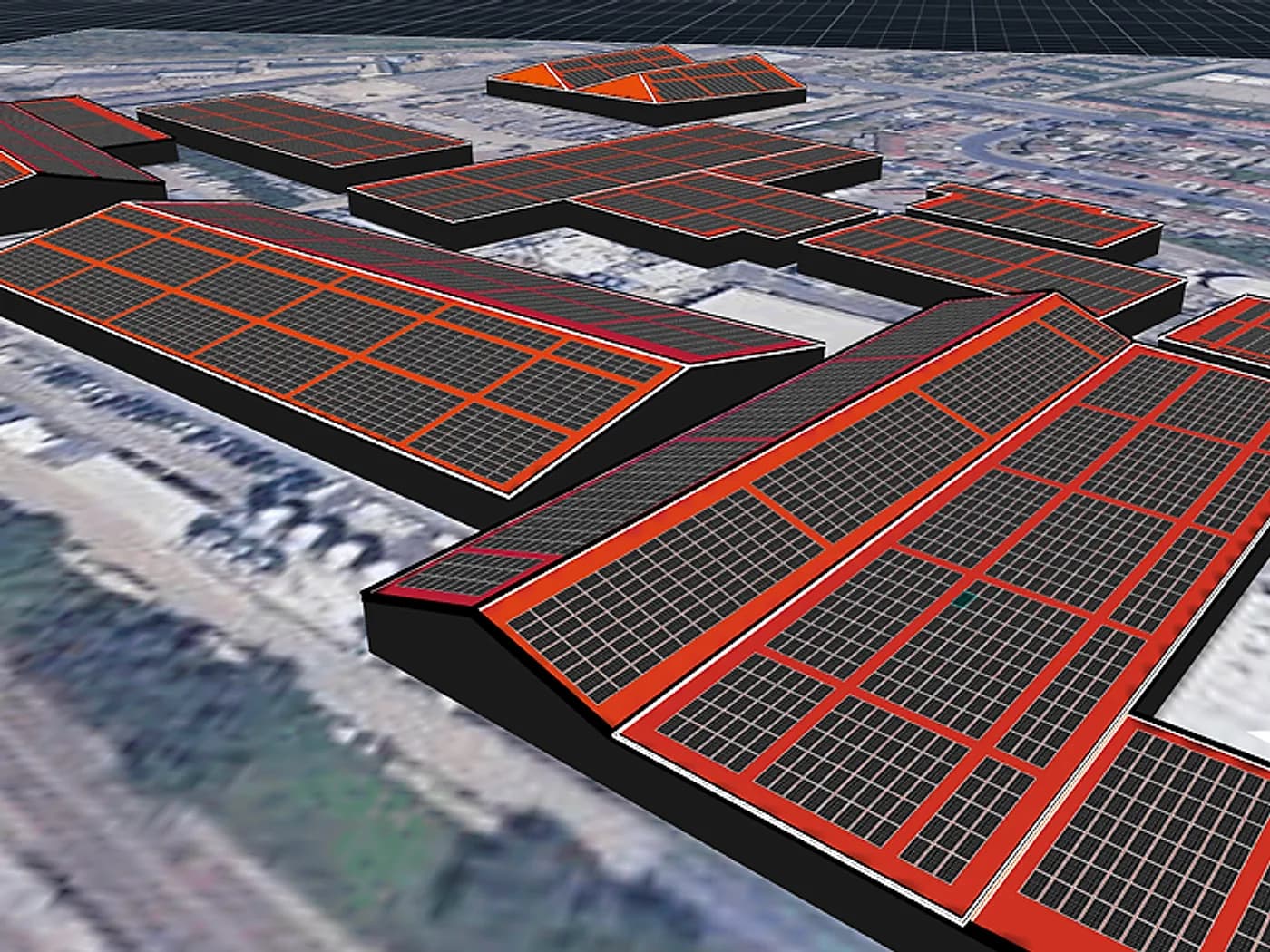 Multi-building commercial campus modelled in 3D on satellite imagery, with roof setbacks marked