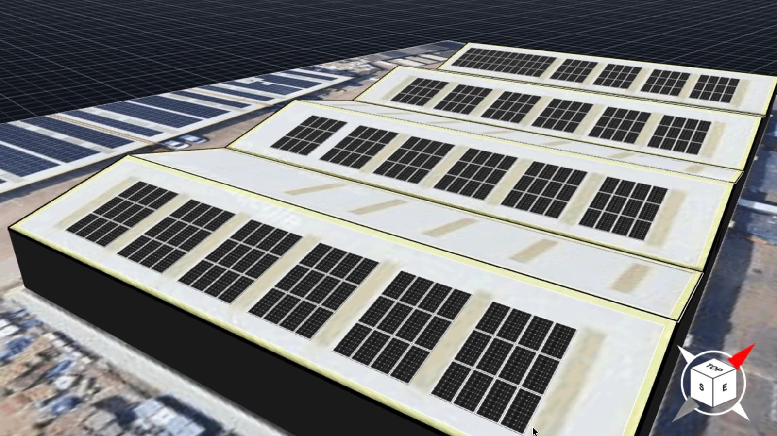 Solar panels arranged on a commercial rooftop in 3D design