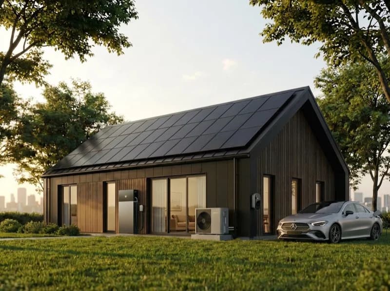 Modern home with rooftop solar panels, battery storage and EV