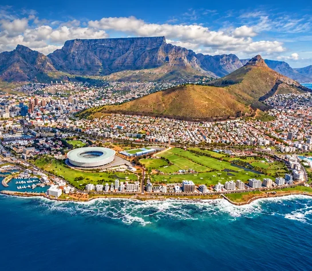 Aerial view of Cape Town with Table Mountain and the Atlantic coast